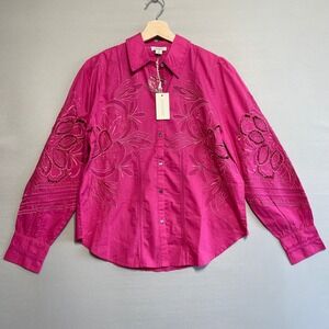 Nwt Sundance Pink Cotton Embroidered Floral Mesh Button Up Shirt Womens Size S